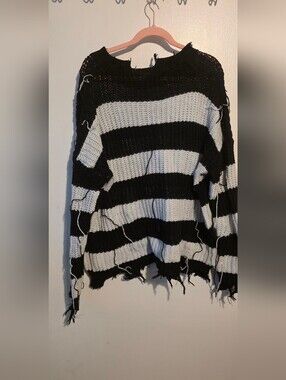Black & White Striped Distressed Sweater